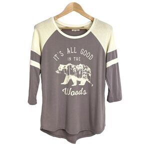 Maurices 3/4 Sleeve Top Womens Size‎ M Purple White It's All Good In The Woods